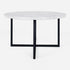 Glossy round marble coffee table with Bianco Carrara white surface and sleek modern design.