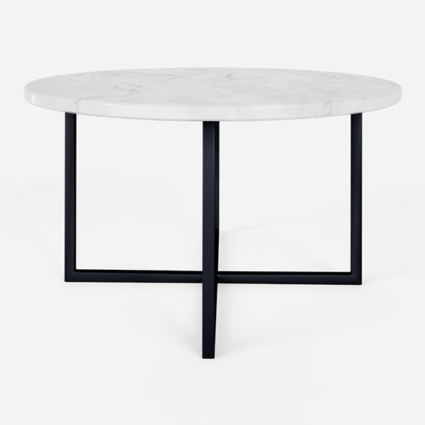 Glossy round marble coffee table with Bianco Carrara white surface and sleek modern design.