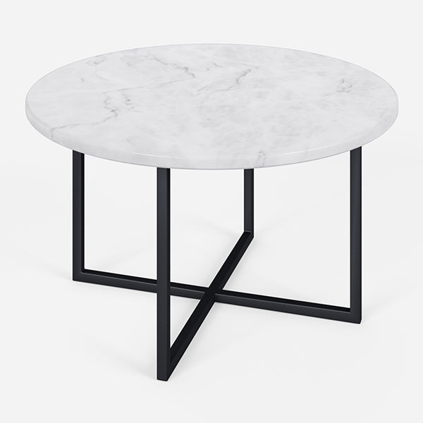 Round marble coffee table with glossy white Bianco Carrara surface and sleek modern design.