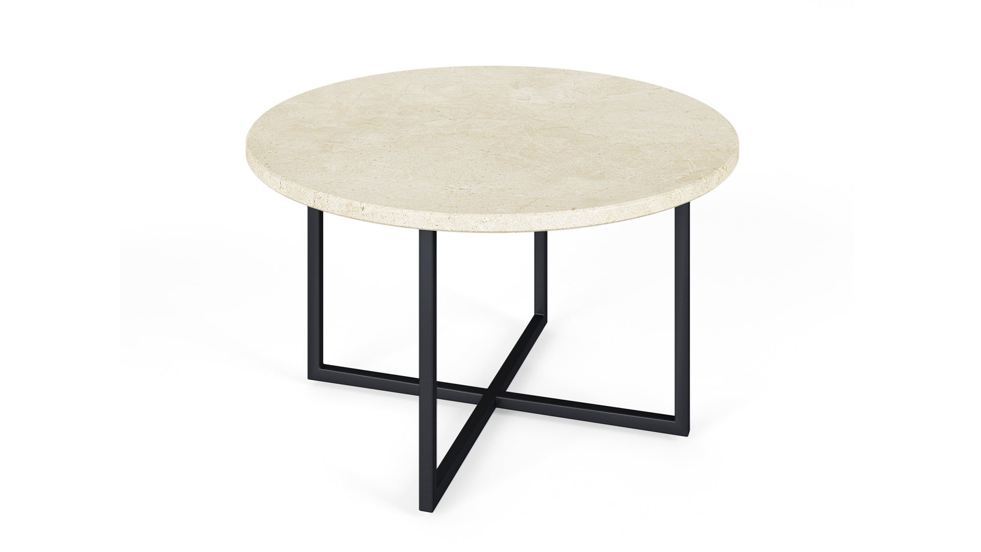 Glossy round marble coffee table in Crema Marfil beige with a sleek modern design.
