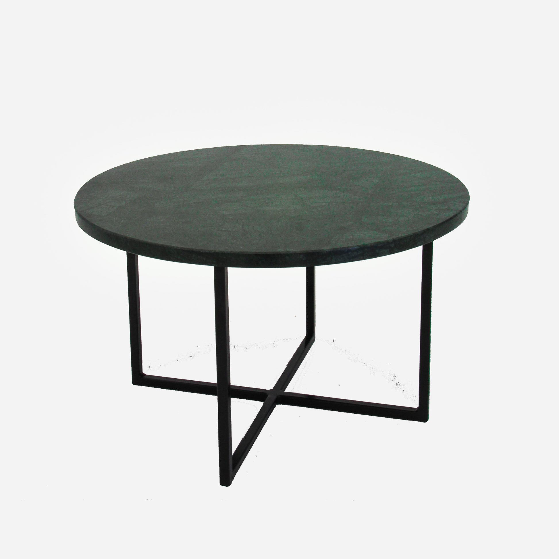 Glossy round marble coffee table in India Green with a smooth surface and modern design, ideal for contemporary living rooms.