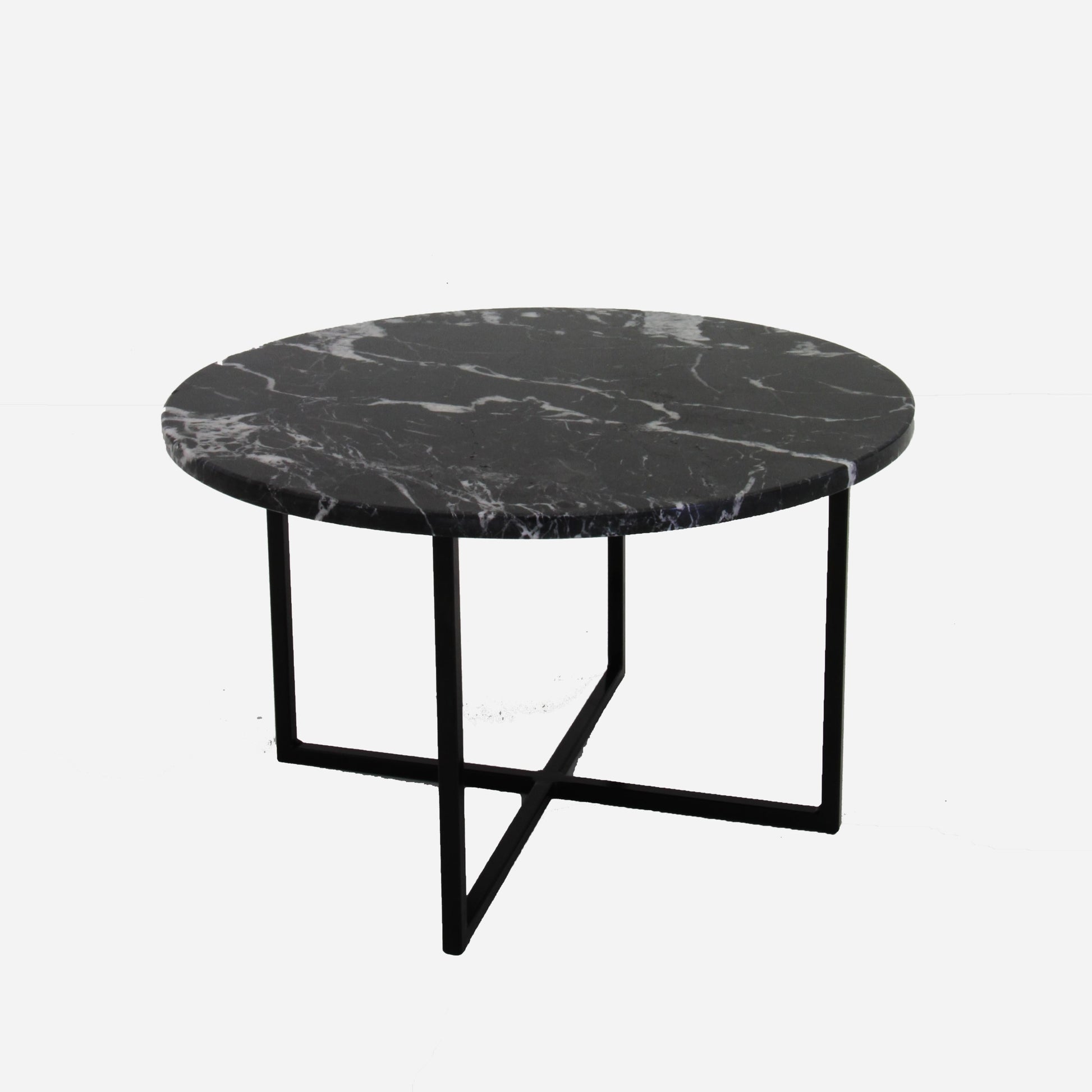 Glossy round Nero Marquina marble coffee table with black finish, featuring a sleek modern design and smooth surface.