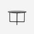 Glossy round marble coffee table in Nero Marquina black with a sleek design, perfect for modern living rooms.