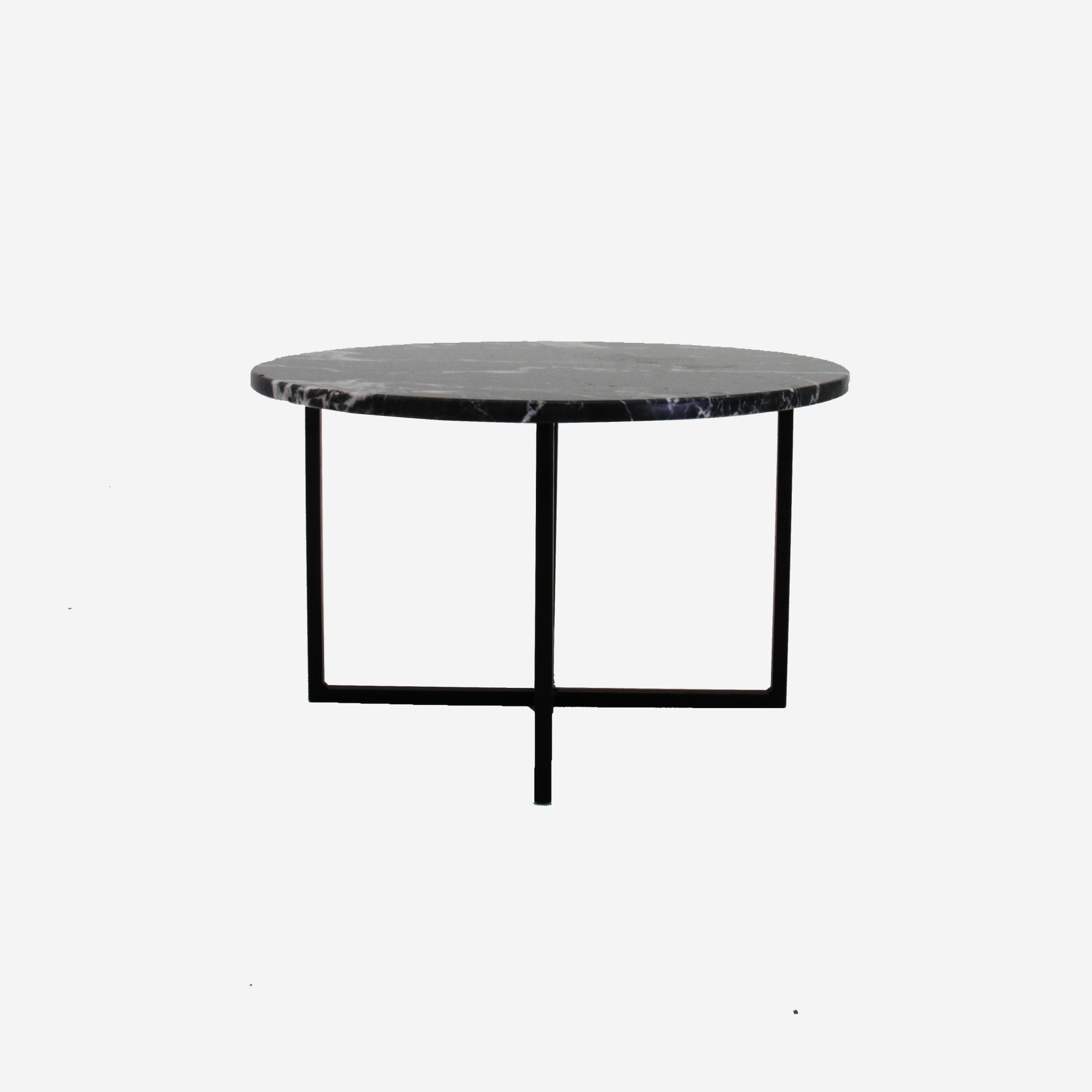 Glossy round marble coffee table in Nero Marquina black with a sleek design, perfect for modern living rooms.