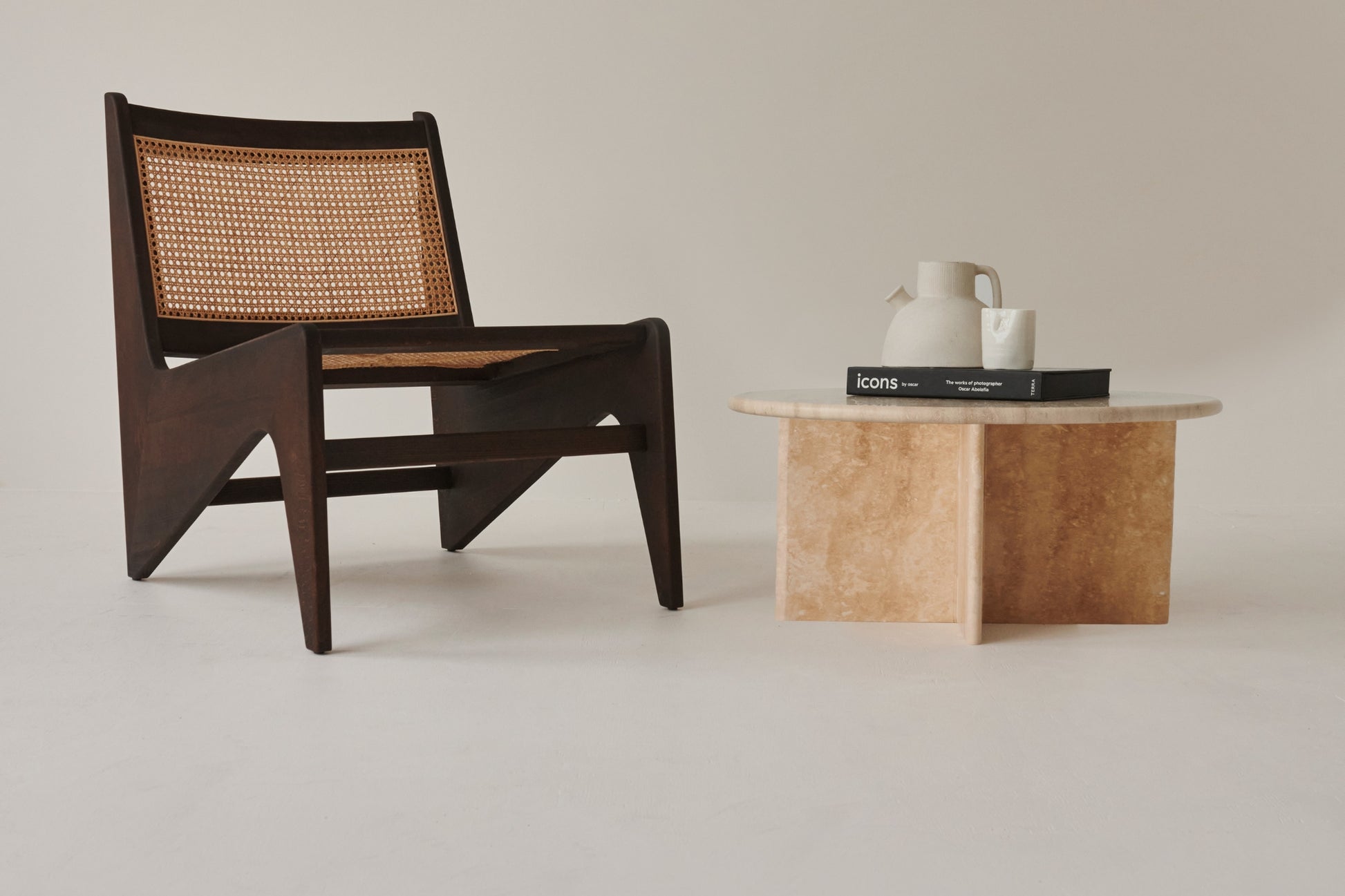 Round LOU coffee table by My Store with a travertine top and wooden legs, showcasing a modern, elegant design.