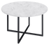 Round marble coffee table with white Bianco Carrara surface and light brown spots, featuring matte finish and subtle scratches.