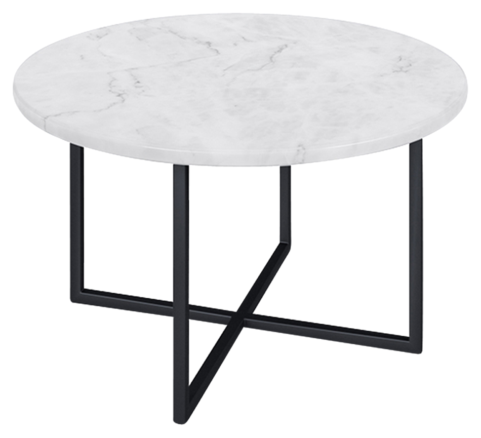 Round marble coffee table with white Bianco Carrara surface and light brown spots, featuring matte finish and subtle scratches.