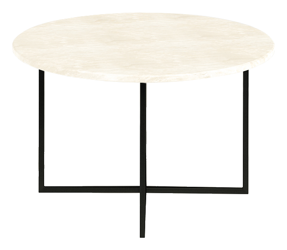 Round marble coffee table with travertine surface and sleek metal legs, modern design for living room decor.