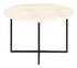 Round marble coffee table with travertine surface and sleek metal legs, modern design for living room decor.