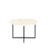 Round marble coffee table with travertine surface and metal legs, modern design, natural stone finish.