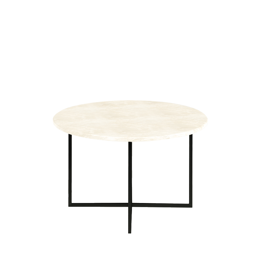 Round marble coffee table with travertine surface and metal legs, modern design, natural stone finish.
