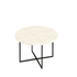 Round marble coffee table with travertine surface and wooden legs, modern design, natural stone finish.