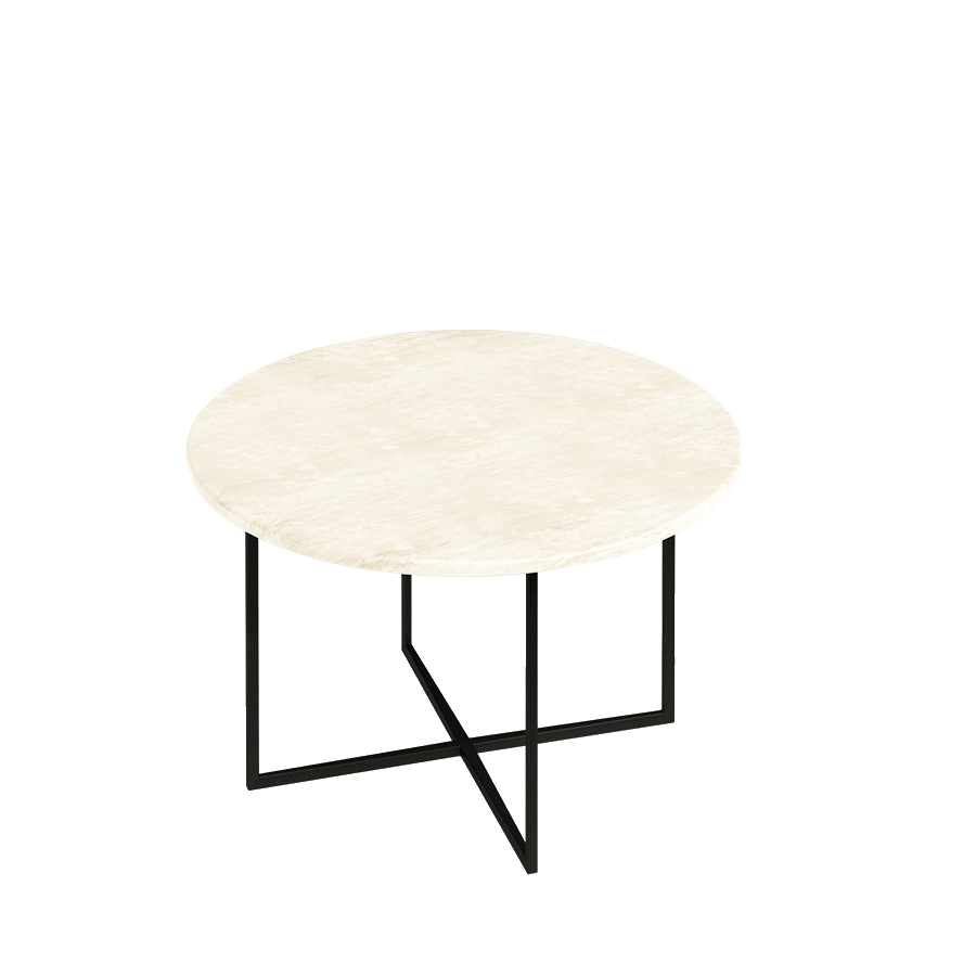 Round marble coffee table with travertine surface and wooden legs, modern design, natural stone finish.