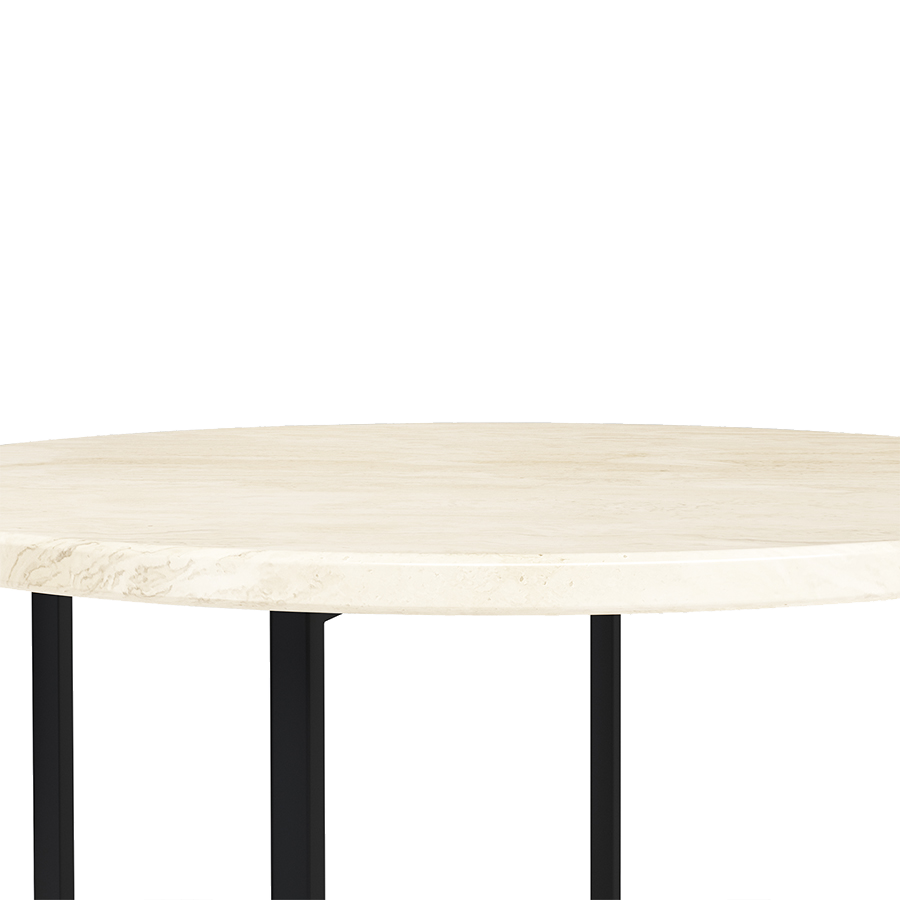 Round marble coffee table made of travertine with a smooth surface and sturdy base, perfect for living room decor.