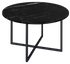 Round Nero Marquina black marble coffee table with glossy finish and subtle scratches, featuring a sleek modern design.