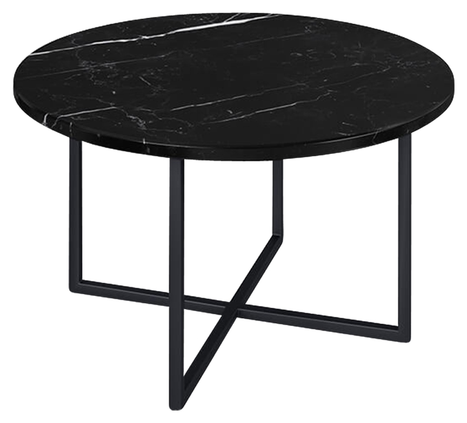 Round Nero Marquina black marble coffee table with glossy finish and subtle scratches, featuring a sleek modern design.