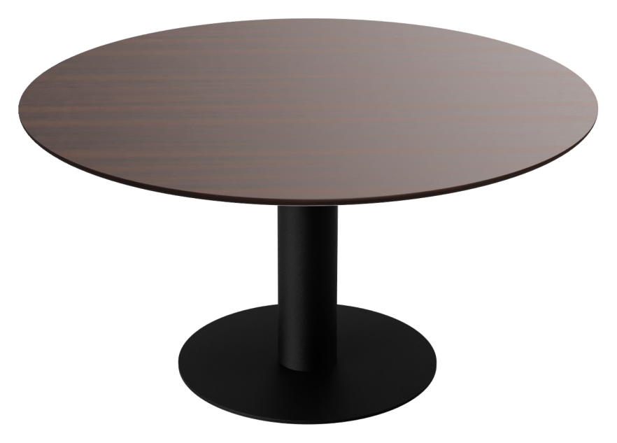 Round walnut dining table with a center leg, featuring a smooth wooden surface and sturdy design for modern dining spaces.