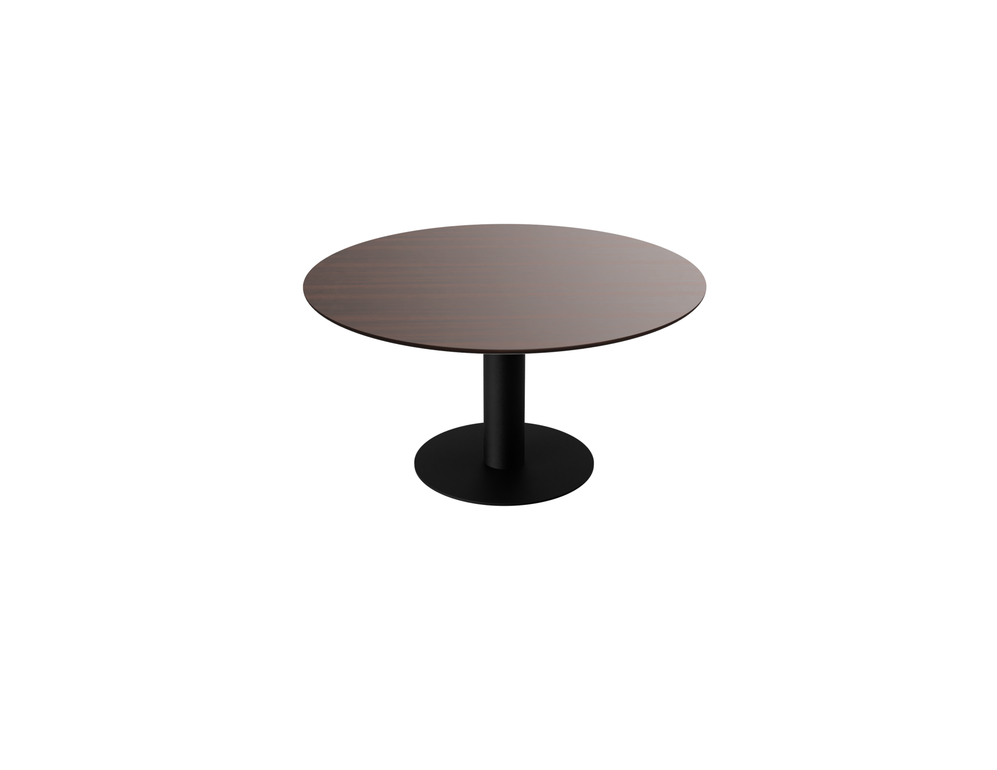 Round walnut dining table with center leg, 110 cm diameter, featuring a smooth wood finish and sturdy design.