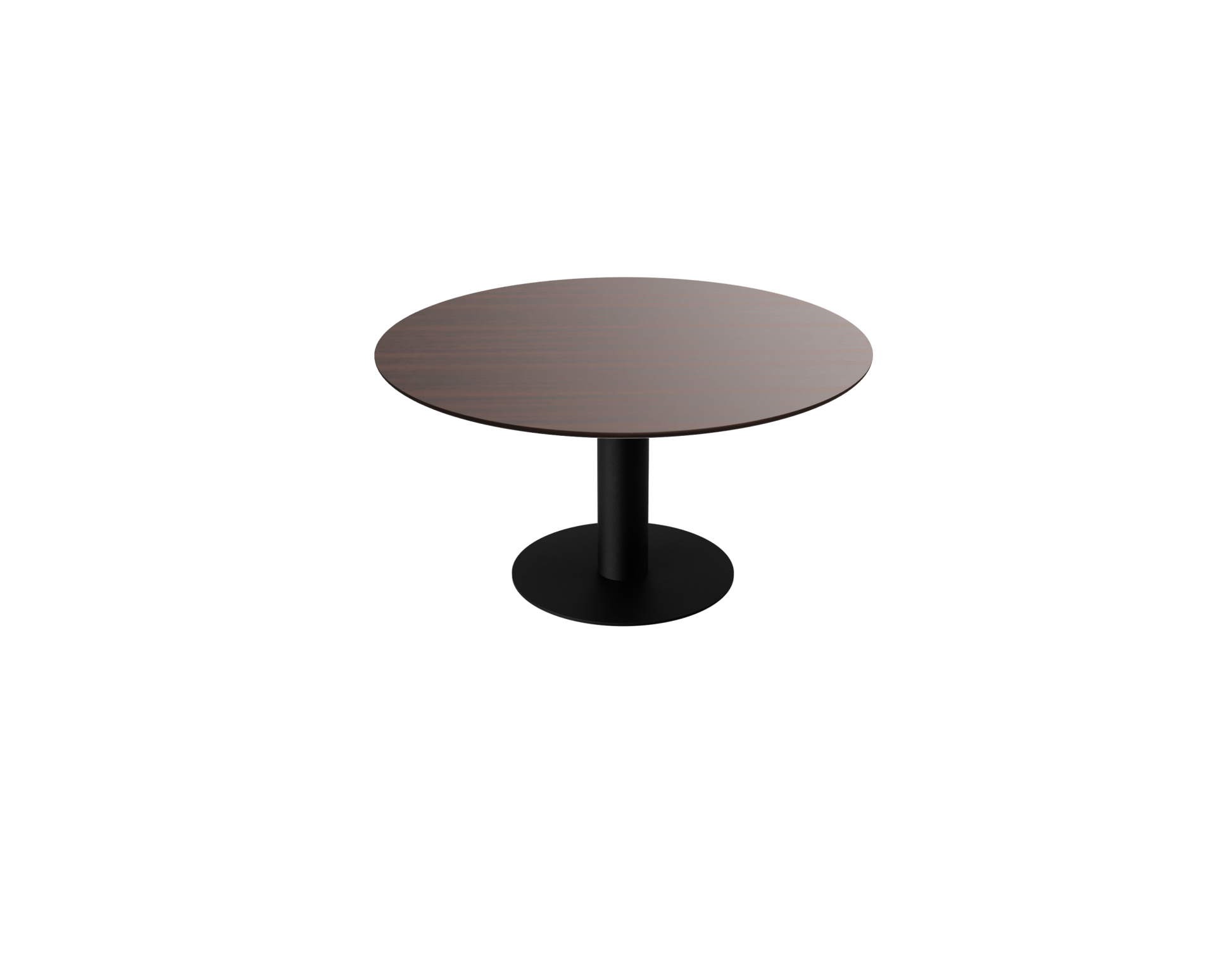 Round walnut dining table with center leg, 110 cm diameter, featuring a smooth wood finish and sturdy design.