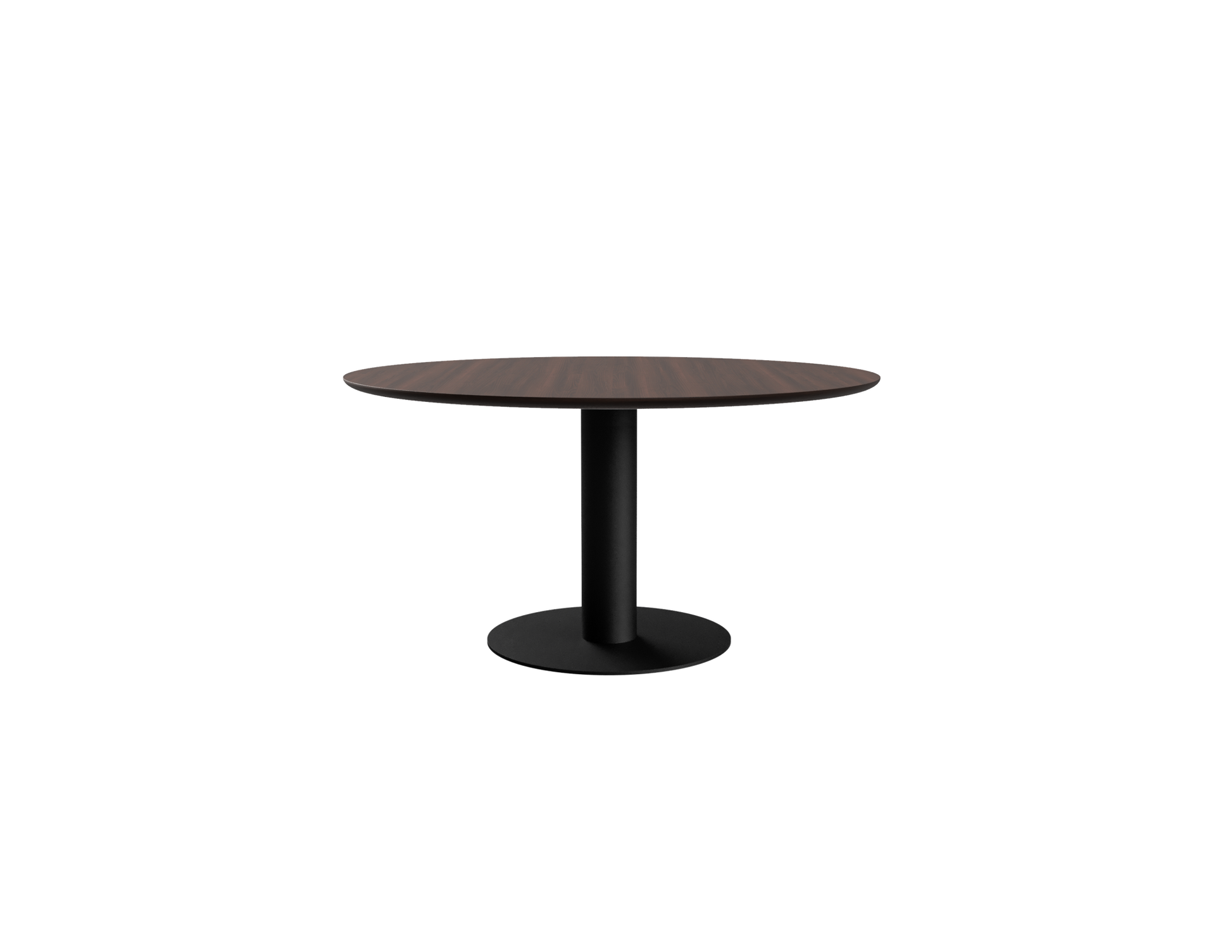Round walnut dining table with a center leg, 110 cm diameter, showcasing smooth wood finish and sturdy design.