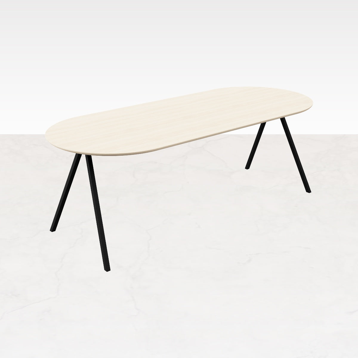 Half oval oak dining table with ash white finish and V-frame design, showcasing its smooth wood surface and sturdy construction.