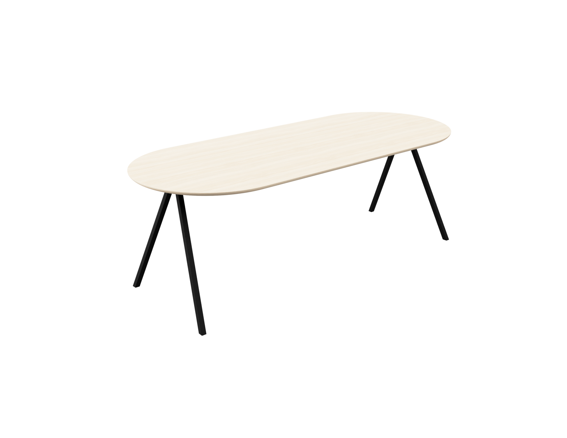 Half oval oak dining table with ash white finish and V-frame design, featuring a sleek and modern style.