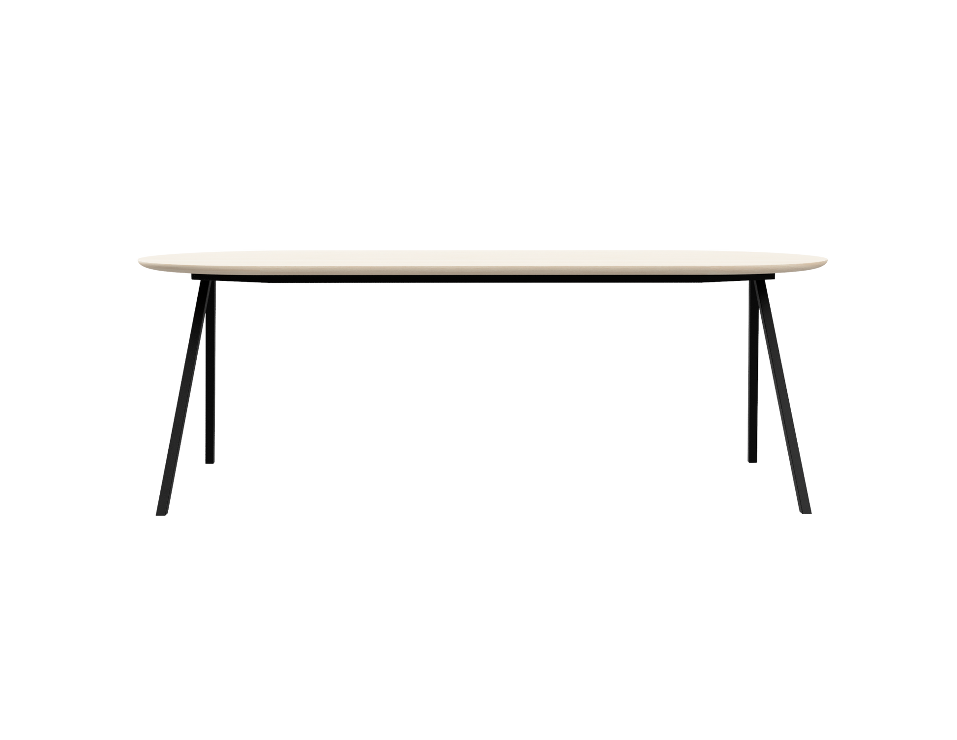 Half oval oak dining table in ash white with V-frame design, showcasing its smooth surface and elegant shape.