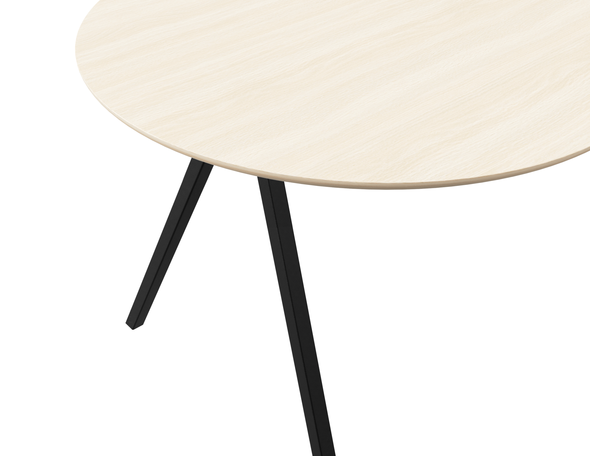 Half oval oak dining table with ash white finish and V-frame design, showcasing a smooth tabletop and sturdy wooden legs.