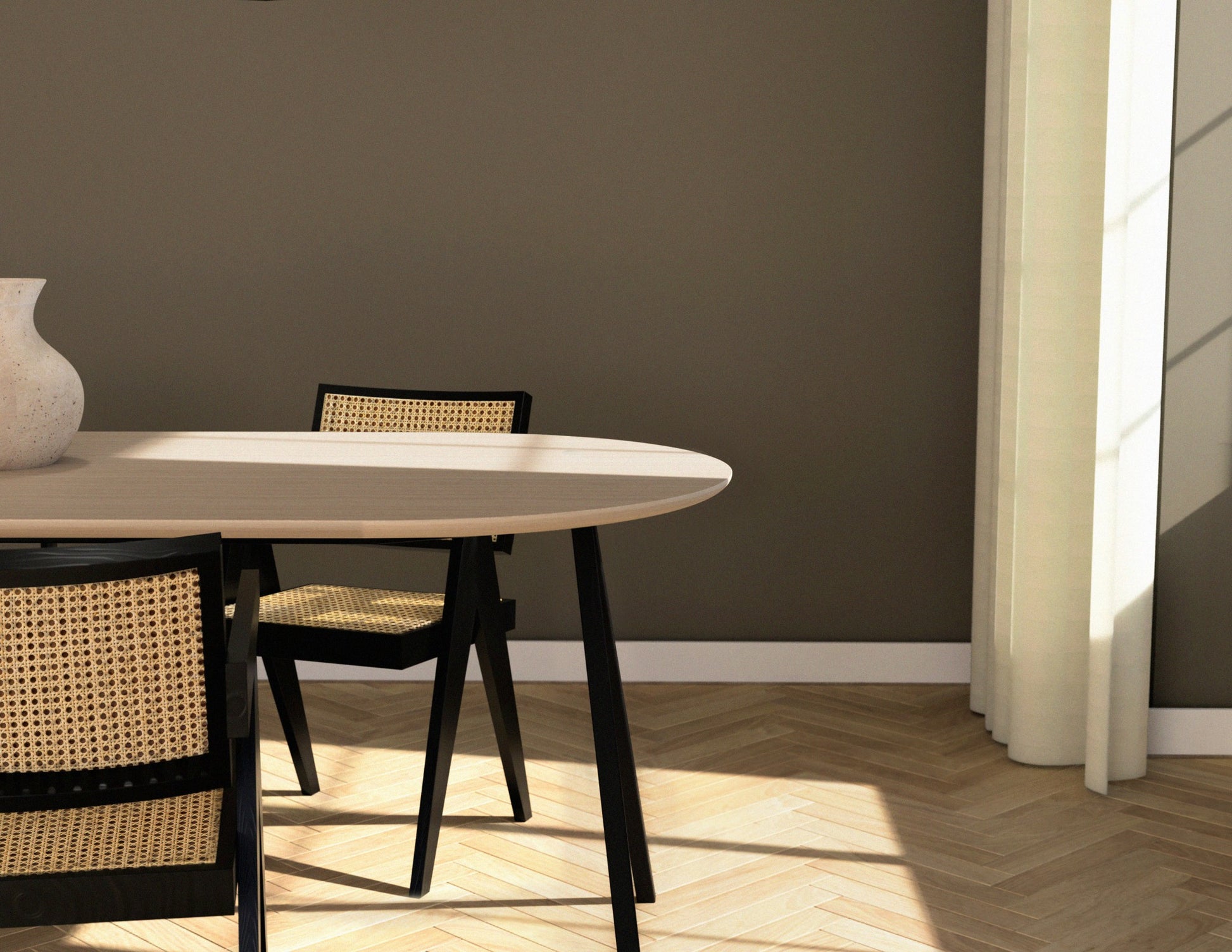 Half oval oak dining table with ash white V-frame, featuring a modern design and smooth wooden surface.