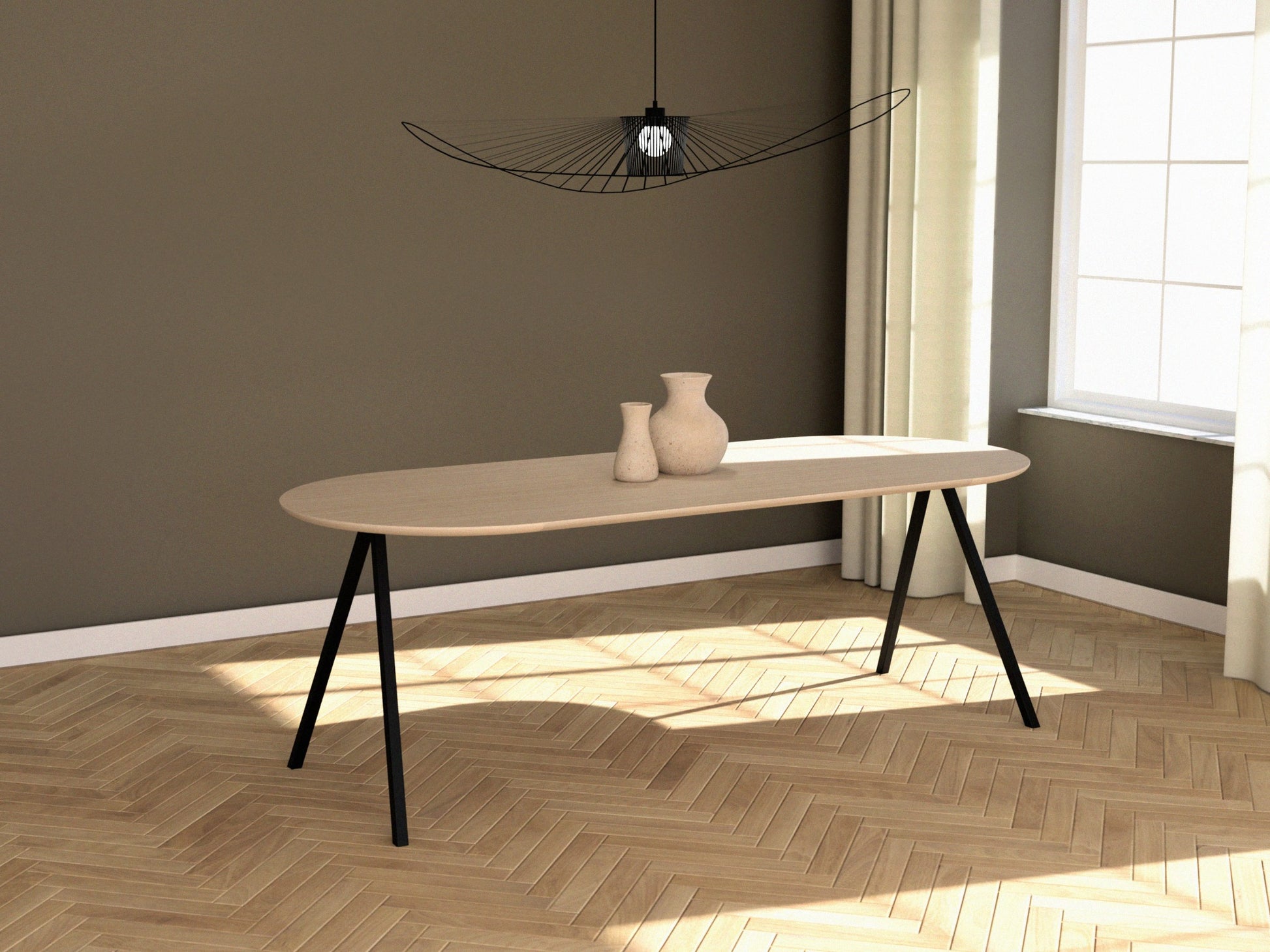 Half oval oak dining table with ash white finish and V-frame support, designed for contemporary dining spaces.