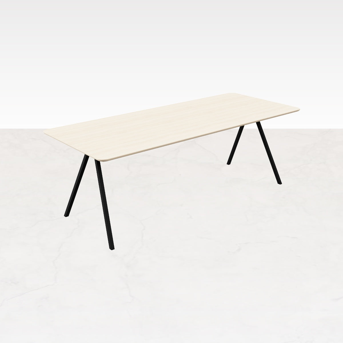 Rectangular oak dining table with ash white finish and V-frame design, showcasing a sleek, modern wood surface.