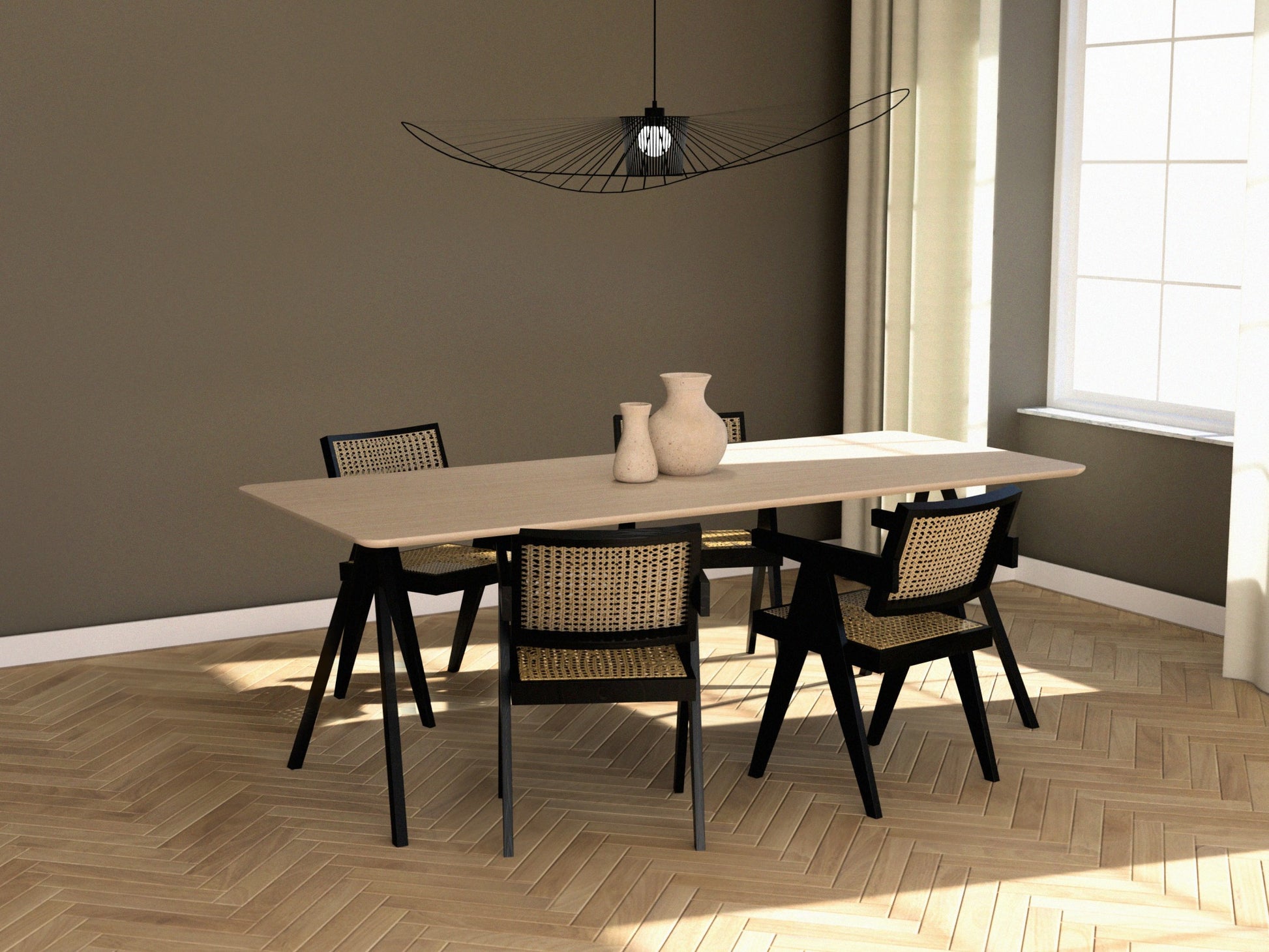 Rectangular oak dining table with ash white finish and V-frame design, showcasing a modern, sturdy wood dining table.