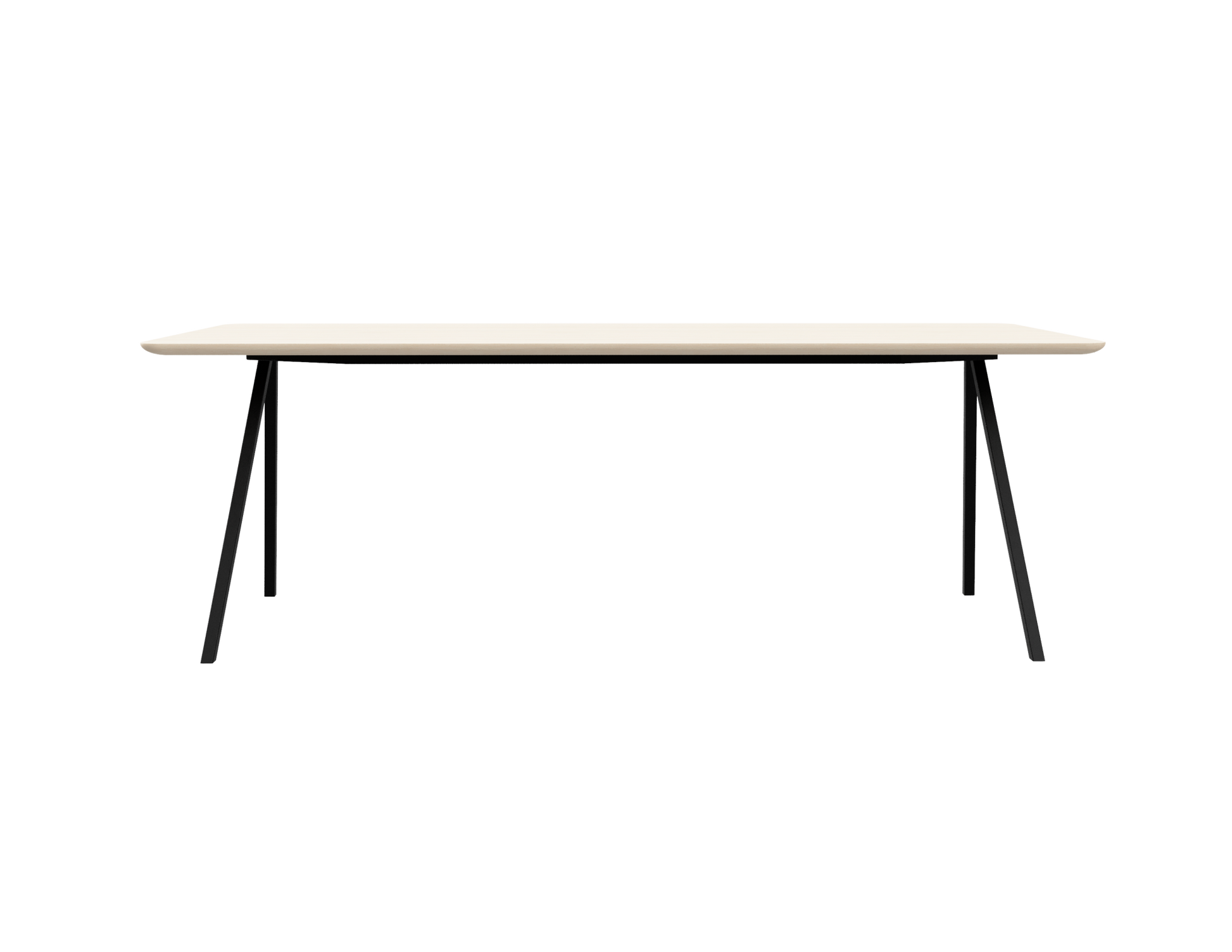 Rectangular oak dining table with ash white finish and V-frame design, showcasing a sleek and modern wooden dining surface.