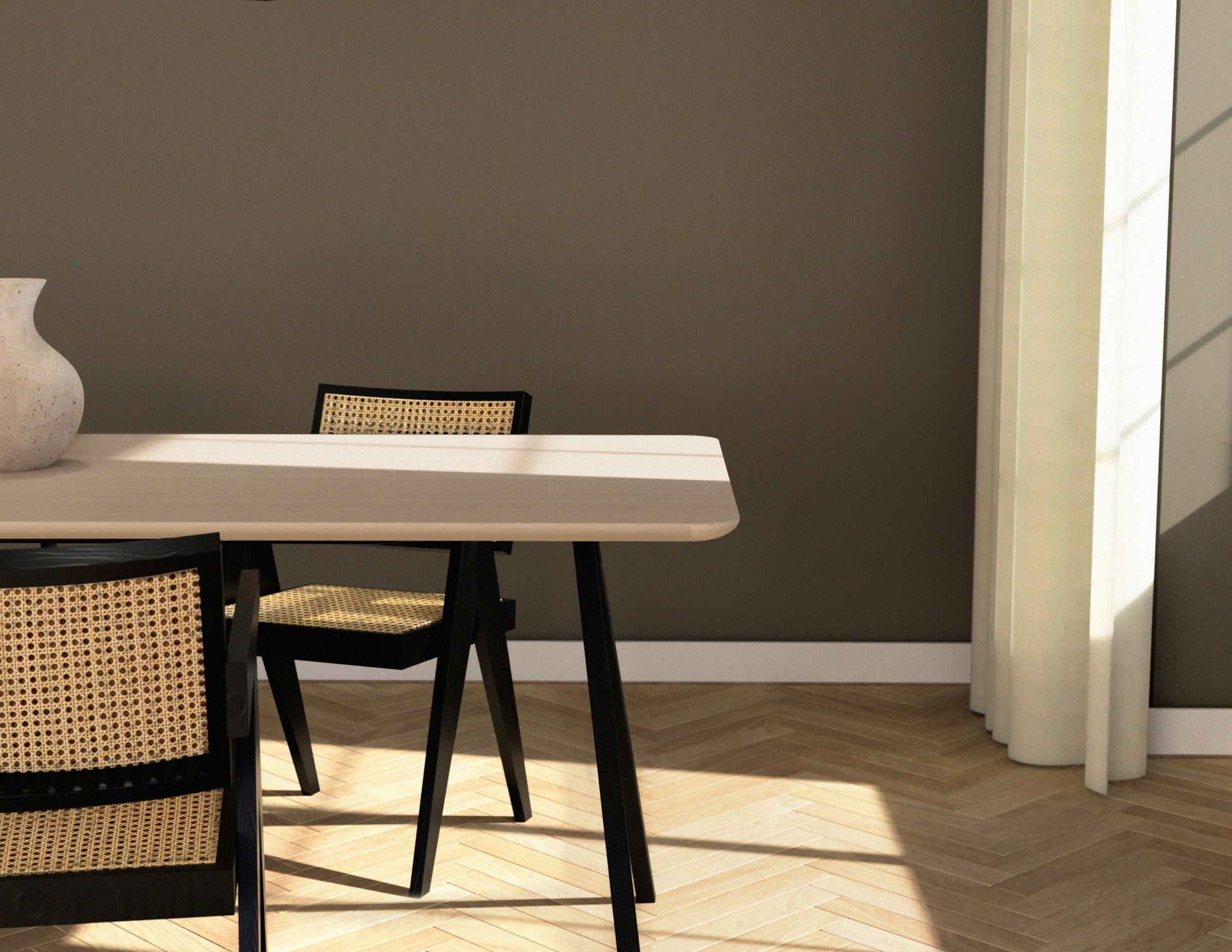 Rectangular oak dining table with ash white V-frame design, showcasing a sleek, modern wooden dining table with sturdy legs.
