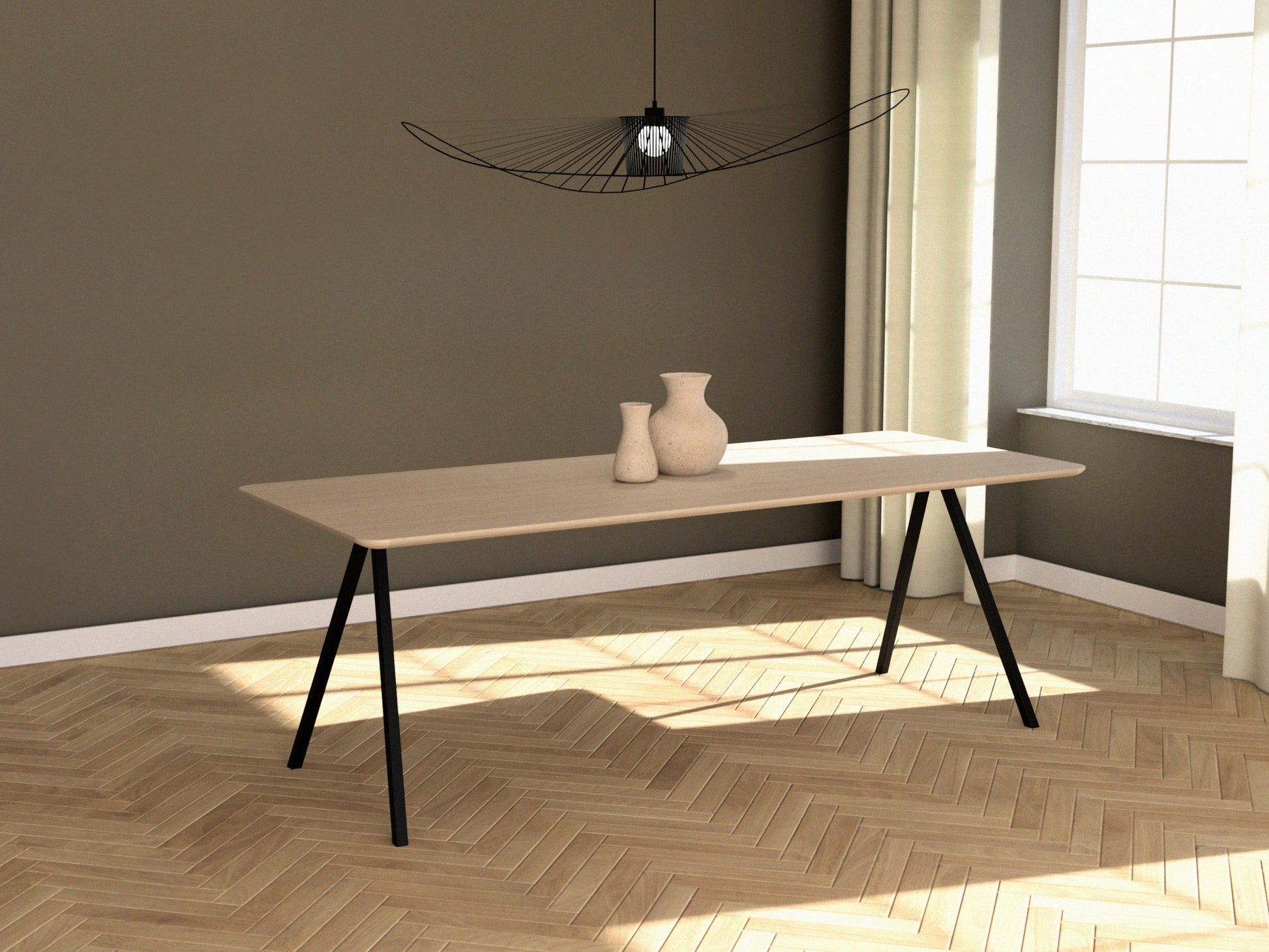 Rectangular oak dining table with ash white finish and V-frame design, perfect for modern dining rooms.