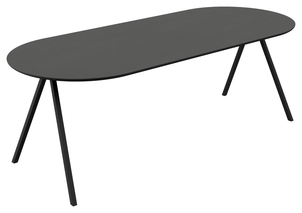 Half oval oak dining table with charcoal finish and V-frame design, showcasing a sleek, modern style for contemporary dining spaces.