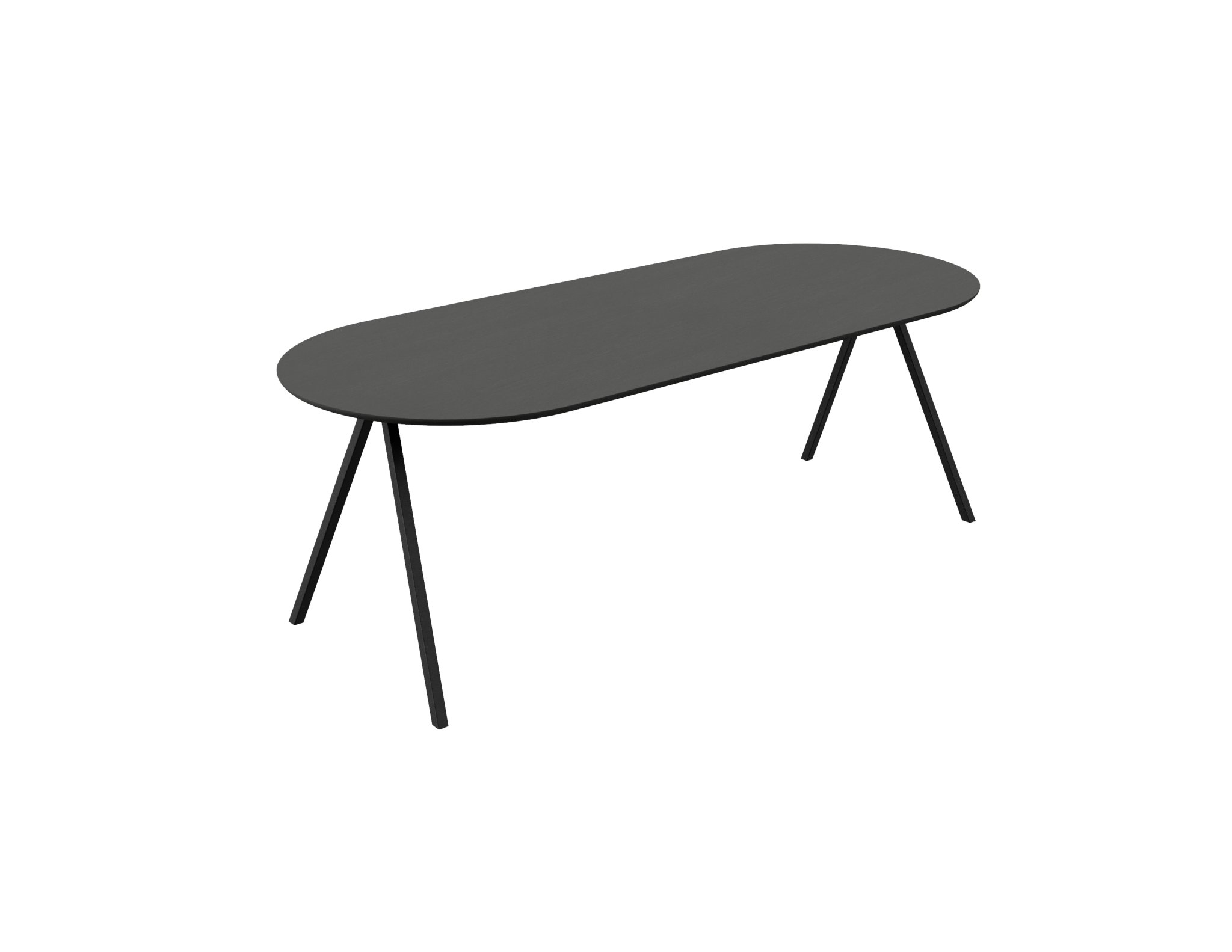 Half oval oak dining table in charcoal finish with V-frame design, showcasing a modern, stylish dining room setup.