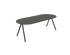 Half oval oak dining table in charcoal finish with V-frame design, showcasing a modern, stylish dining room setup.
