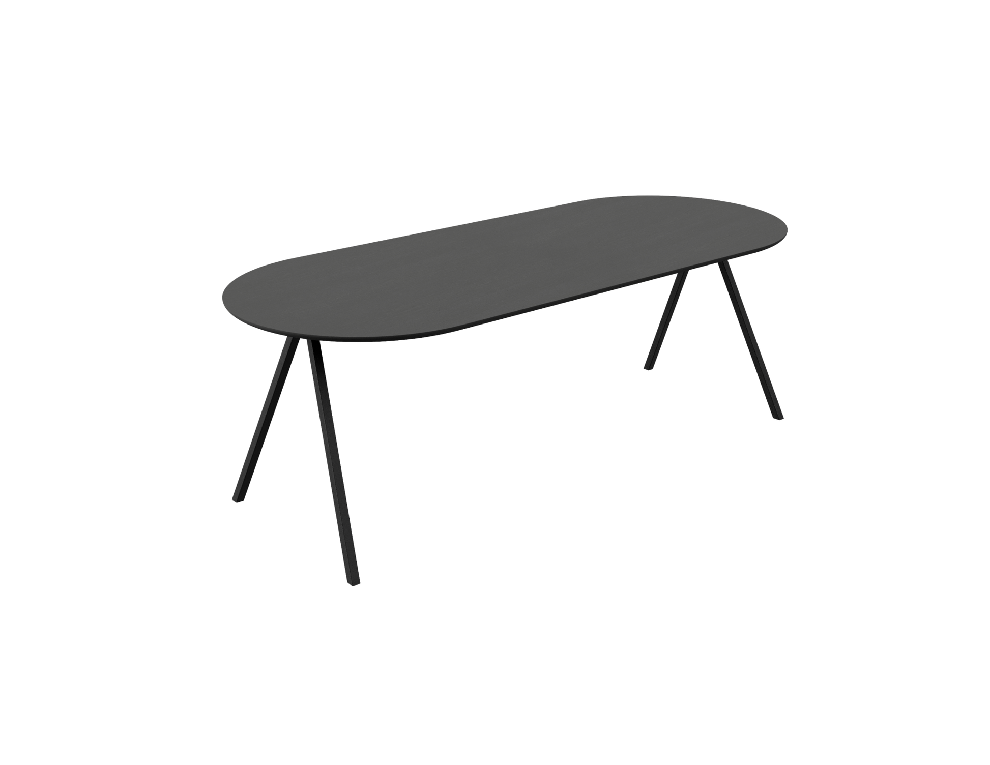 Half oval oak dining table in charcoal finish with V-frame design, showcasing a modern, stylish dining room setup.