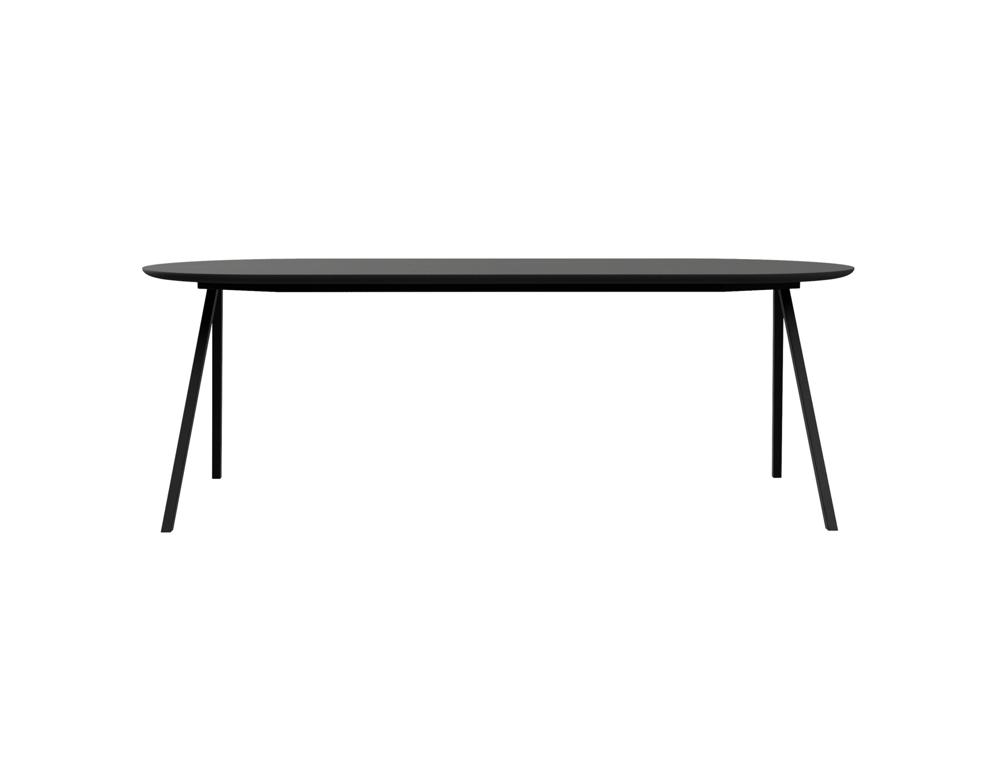 Half oval oak dining table with charcoal V-frame base, featuring a modern design and smooth wooden surface.