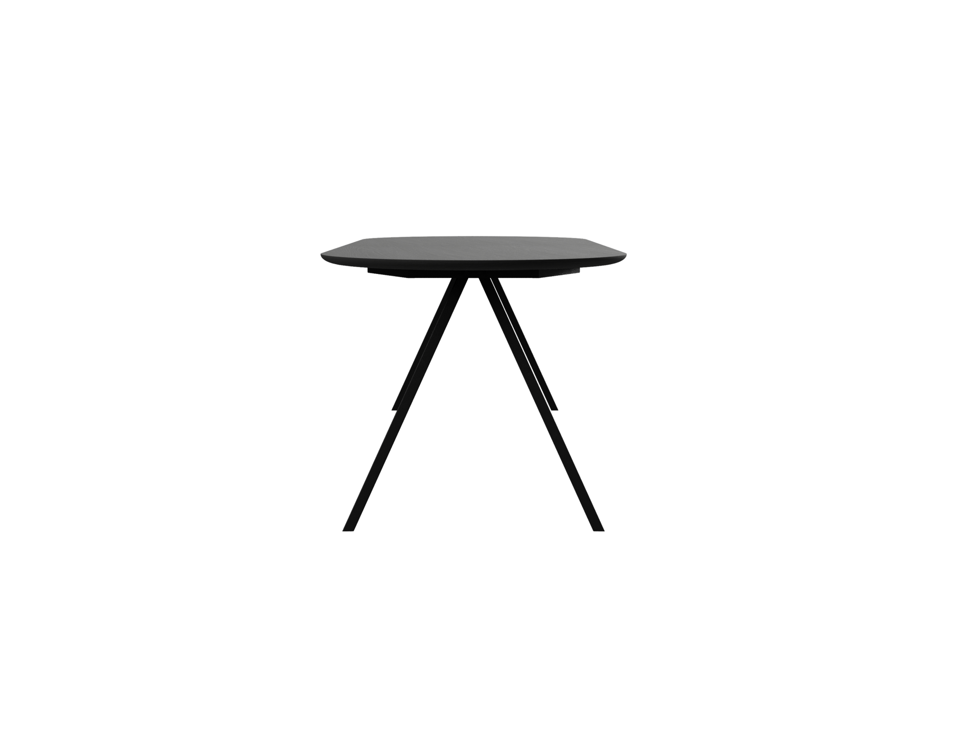 Half oval oak dining table with a charcoal finish and V-frame design, featuring a smooth wooden surface and sturdy legs.