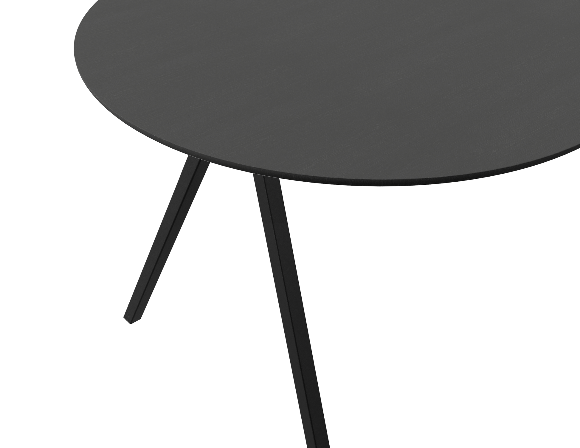Half oval oak dining table with charcoal finish and V-frame design, showcasing smooth wooden surface and sturdy construction.