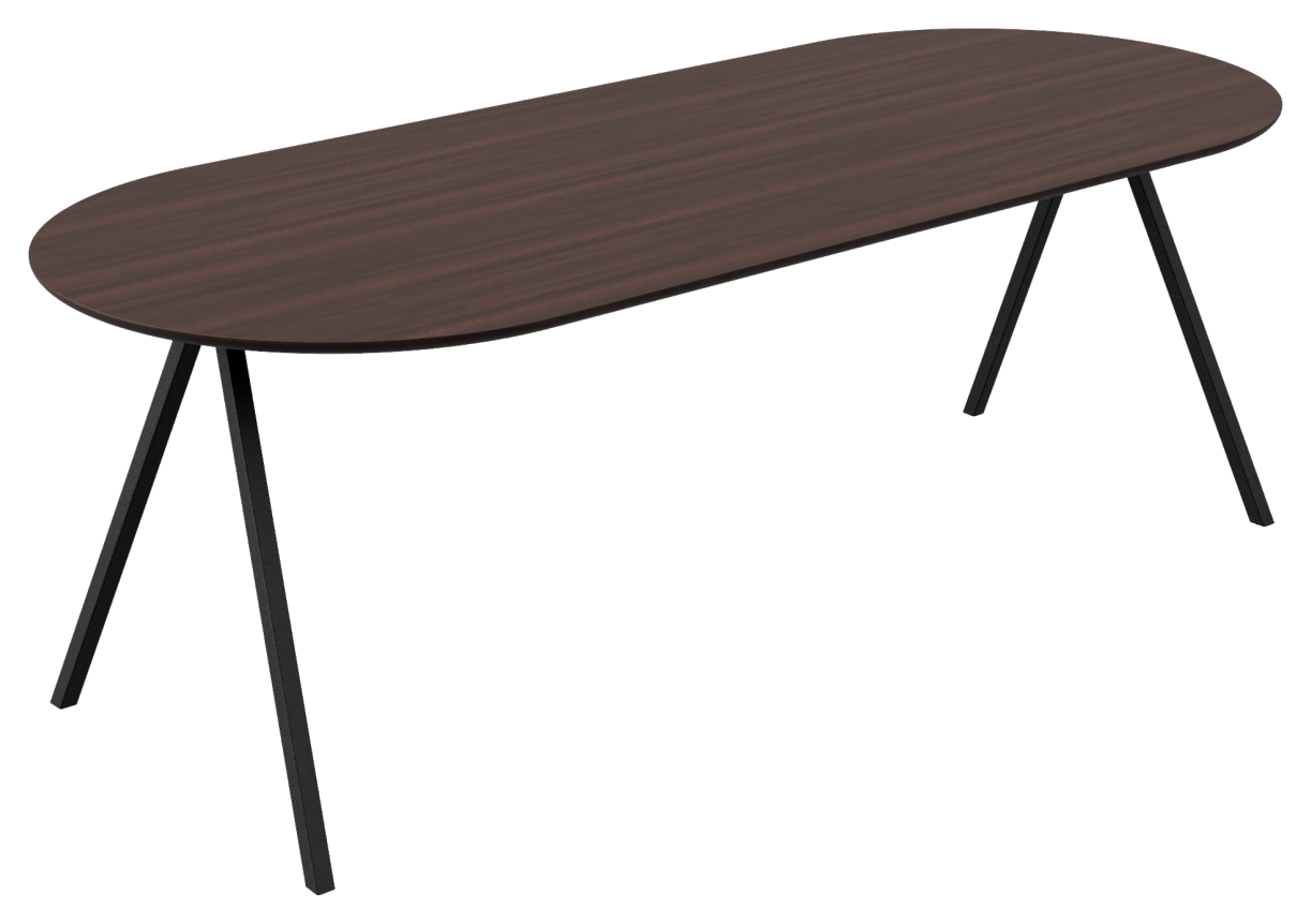 Half oval walnut dining table with V-frame base, round shape, 140 cm, featuring a sleek, polished wood finish.