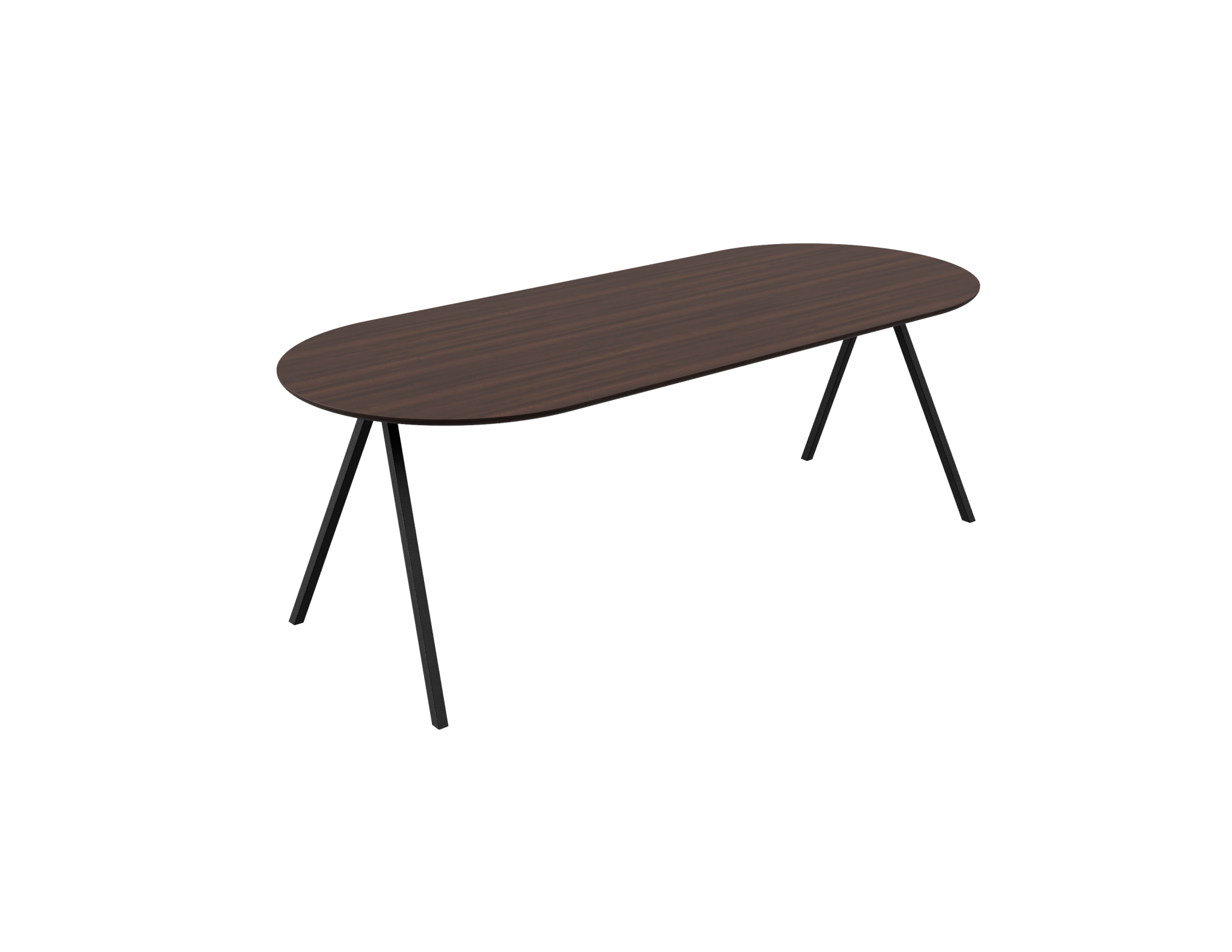 Half oval walnut dining table with V-frame base, featuring a smooth wooden surface and modern design.