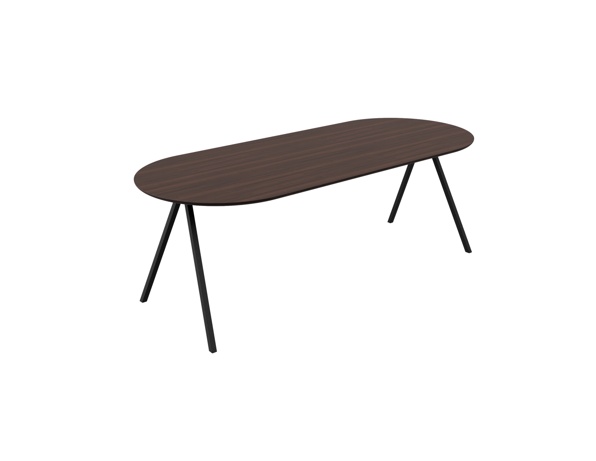 Half oval walnut dining table with V-frame base, featuring a smooth wooden surface and modern design.