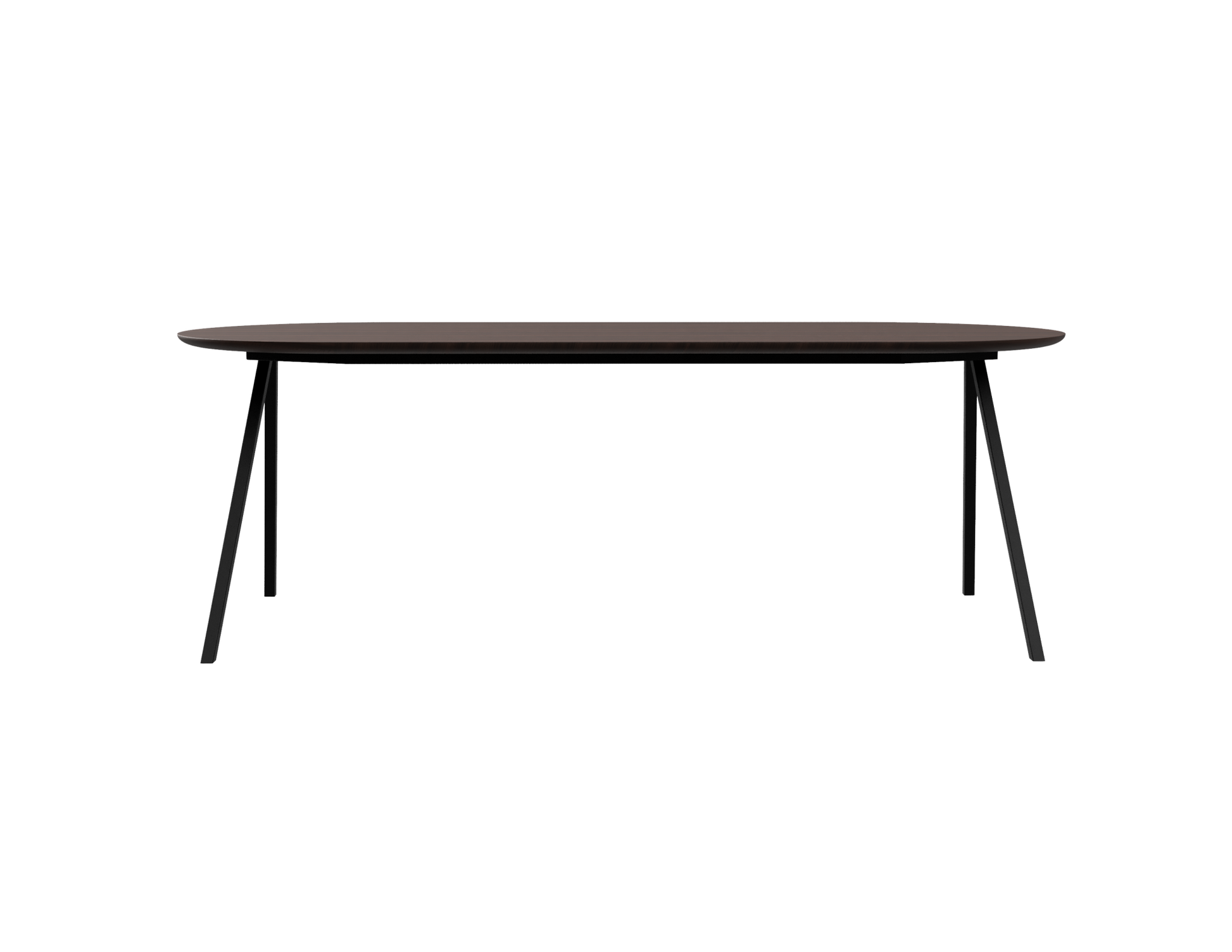 Half oval walnut dining table with V-frame base, featuring a smooth wooden surface and modern design.