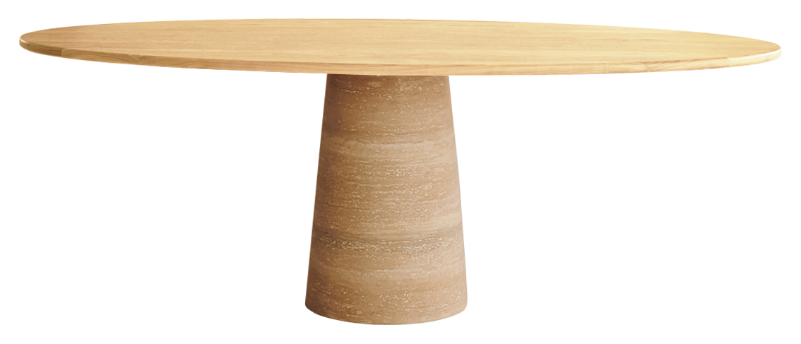 Oval FLOW dining table in natural oak with travertine cylinder base, showcasing a sleek, modern wood and stone design.