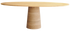 Oval FLOW dining table in natural oak with travertine cylinder base, showcasing a sleek, modern wood and stone design.