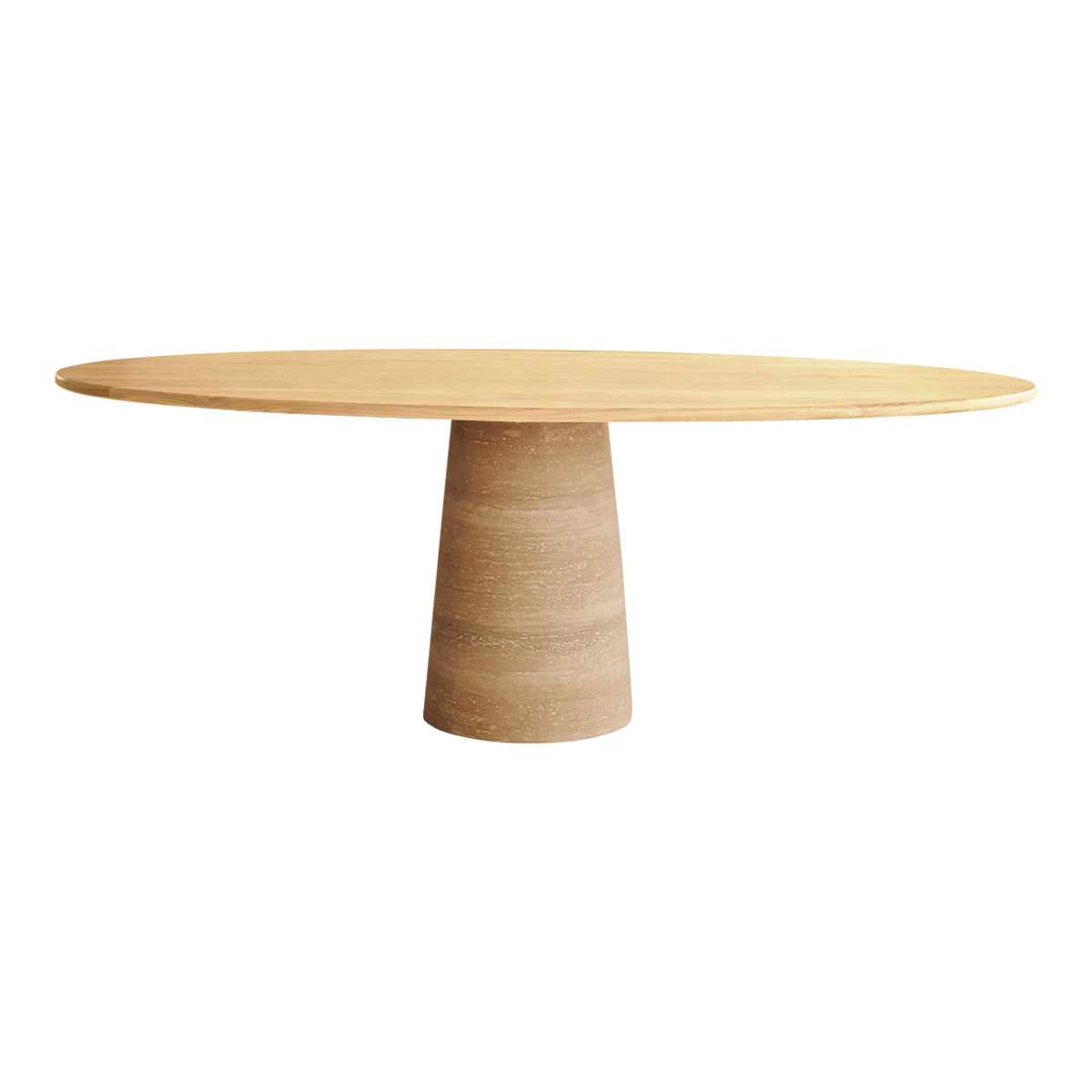 Oval FLOW dining table by My Store with natural oak finish and travertine cylinder base, measuring 180x90 cm.