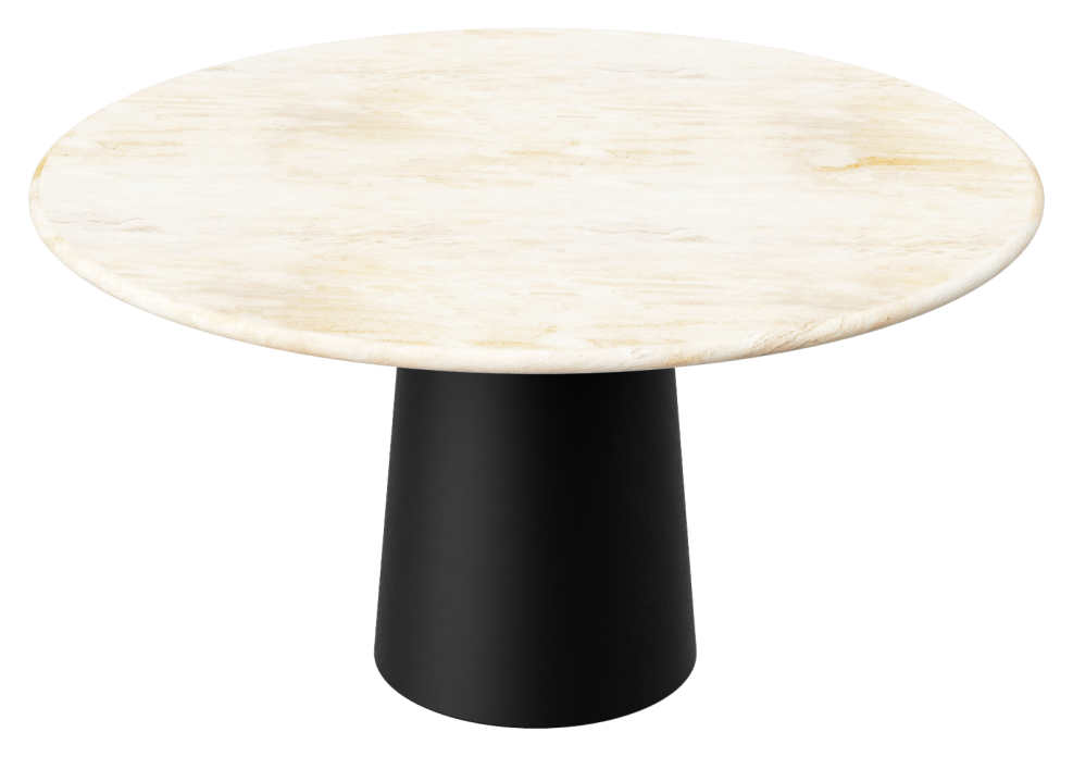 Flow round dining table by My Store with a black travertine cylinder base and a circular top, stylish and modern for dining spaces.